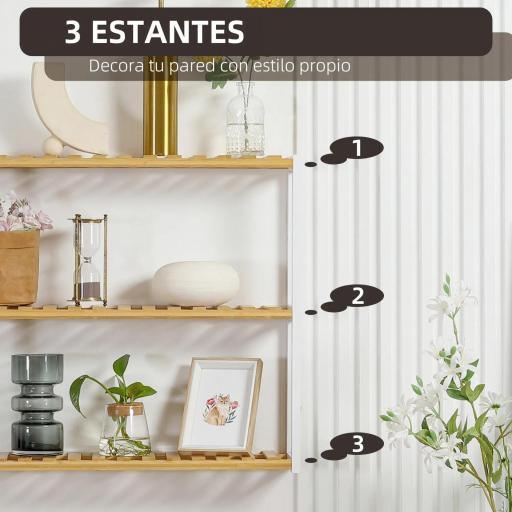 Estantería de Pared de Bambú con 3 Estantes Flotantes para Salón Dormitorio Cocina 60x15x54 cm Natural y Blanco [2]