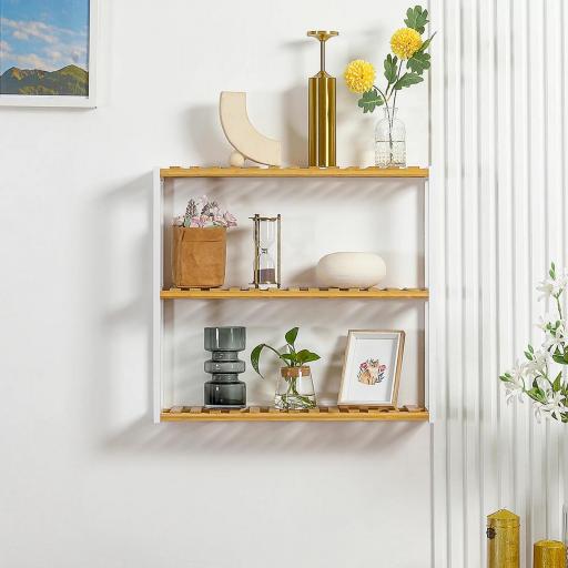Estantería de Pared de Bambú con 3 Estantes Flotantes para Salón Dormitorio Cocina 60x15x54 cm Natural y Blanco [7]