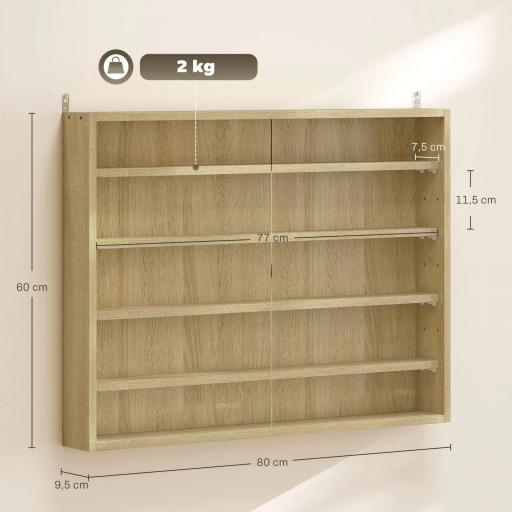 Vitrina de Pared de Madera con Estantes Ajustables y 2 Puertas Correderas de Cristal 80x9,5x60 cm Roble [7]