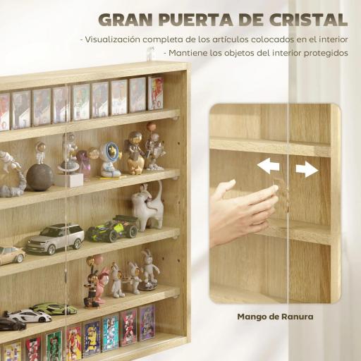 Vitrina de Pared de Madera con Estantes Ajustables y 2 Puertas Correderas de Cristal 80x9,5x60 cm Roble [3]