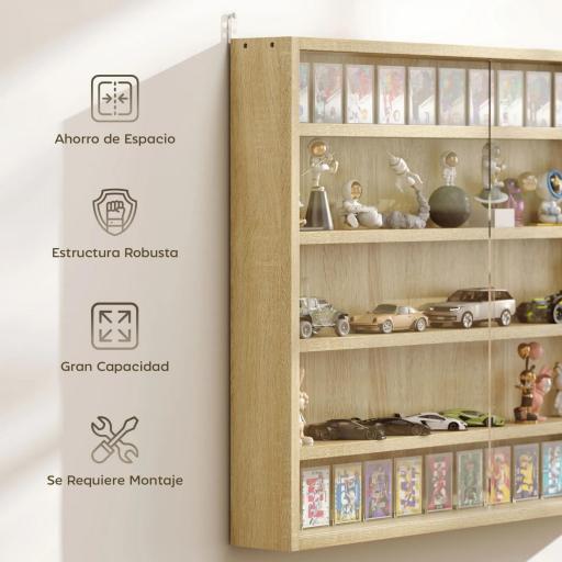 Vitrina de Pared de Madera con Estantes Ajustables y 2 Puertas Correderas de Cristal 80x9,5x60 cm Roble [2]