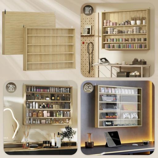 Vitrina de Pared de Madera con Estantes Ajustables y 2 Puertas Correderas de Cristal 80x9,5x60 cm Roble [4]