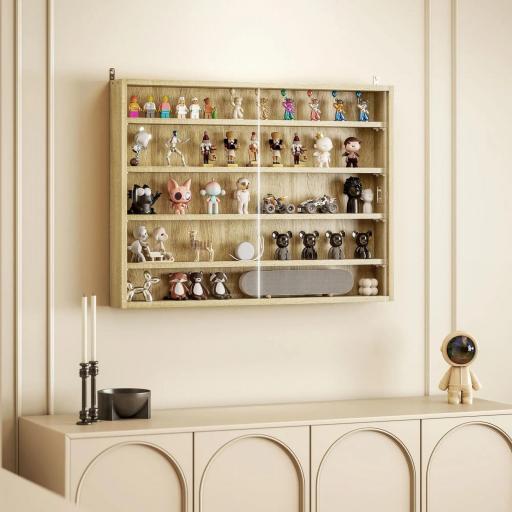 Vitrina de Pared de Madera con Estantes Ajustables y 2 Puertas Correderas de Cristal 80x9,5x60 cm Roble [9]