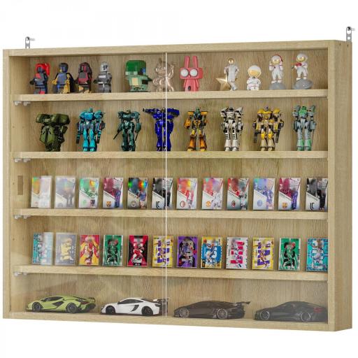 Vitrina de Pared de Madera con Estantes Ajustables y 2 Puertas Correderas de Cristal 80x9,5x60 cm Roble [8]