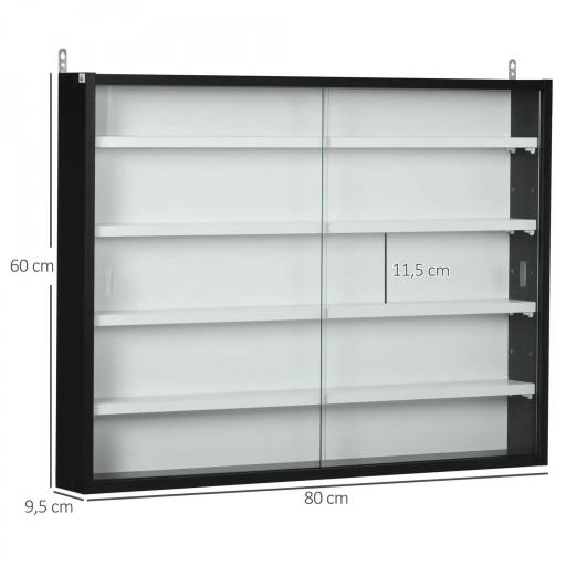Vitrina Expositora Vitrina de Pared con Estantes Ajustables y 2 Puertas Correderas de Vidrio para Colecciones Perfumes Figuras de Decoración 80x9,5x60 cm Blanco y Negro [1]
