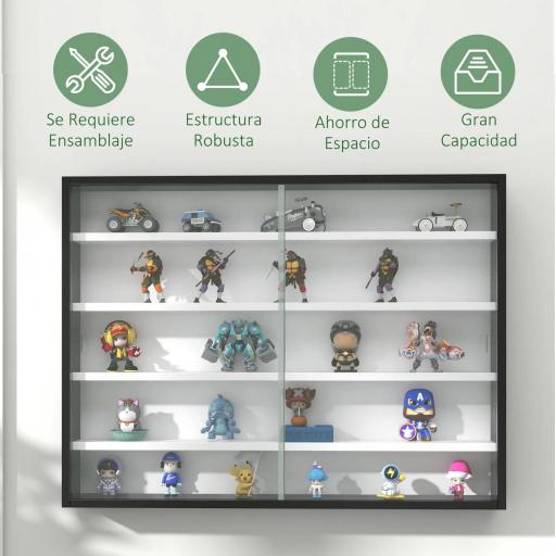 Vitrina Expositora Vitrina de Pared con Estantes Ajustables y 2 Puertas Correderas de Vidrio para Colecciones Perfumes Figuras de Decoración 80x9,5x60 cm Blanco y Negro [3]