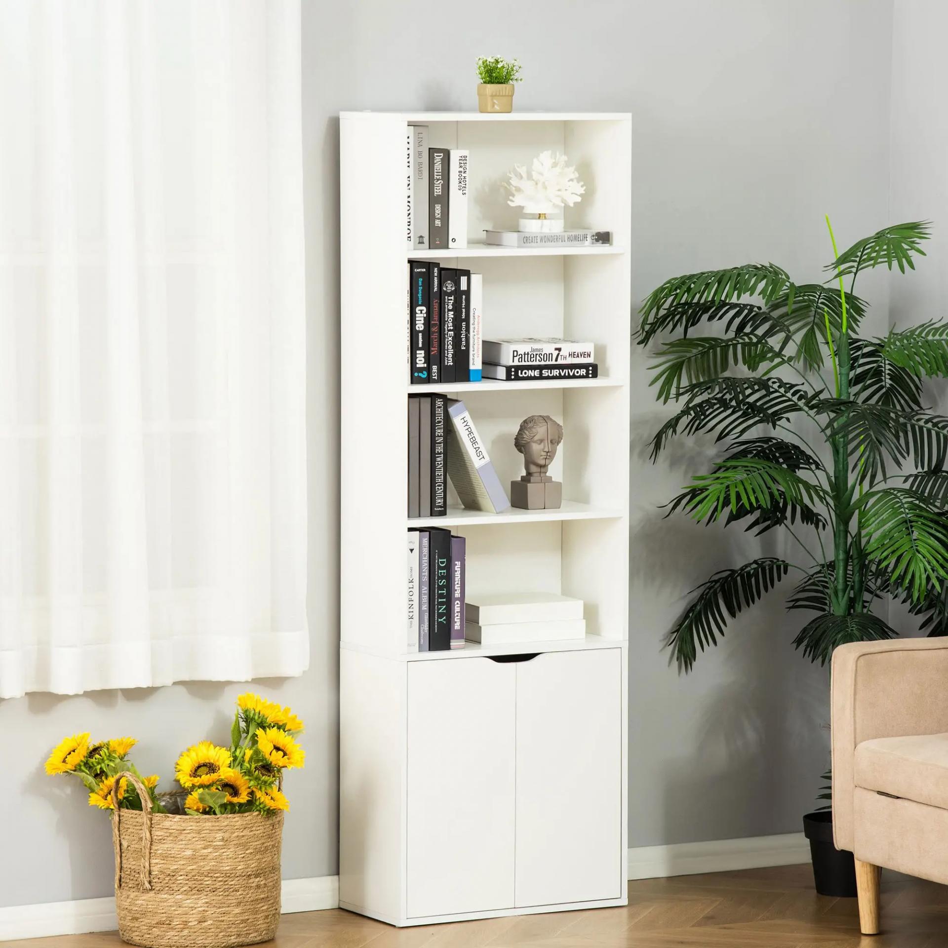 Estantería Librería Armario de Libros con 4 Compartimentos Abiertos y 2 Puertas para Salón Oficina 59x29x180 cm Blanco