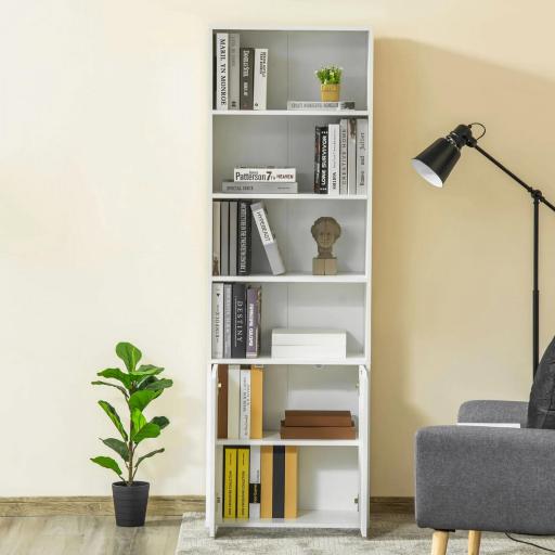 Estantería Librería Armario de Libros con 4 Compartimentos Abiertos y 2 Puertas para Salón Oficina 59x29x180 cm Blanco [3]