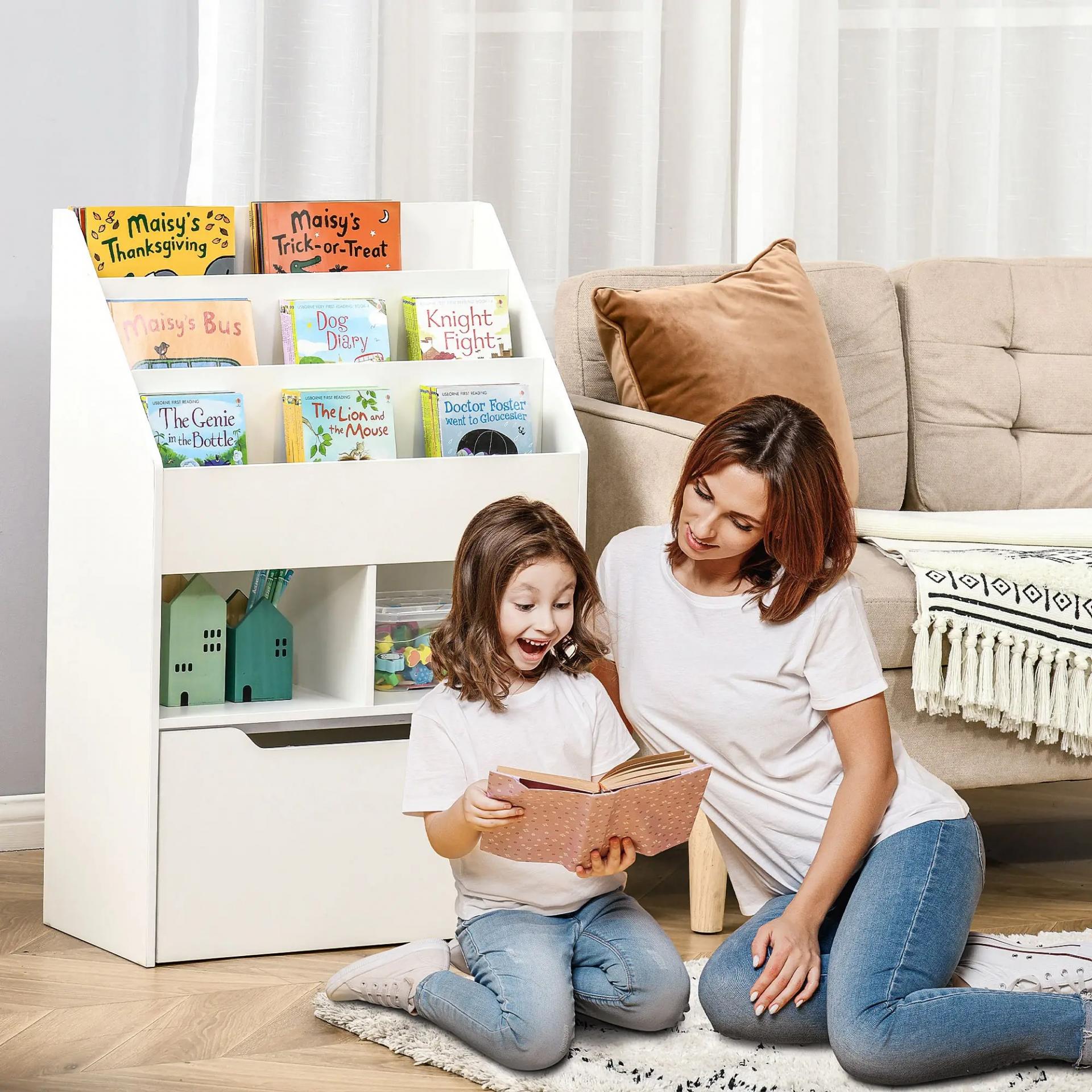 Estantería Infantil de Madera con 3 Compartimentos 2 Cubos y Cajón Móvil con 4 Ruedas 60x29,9x90 cm Blanco