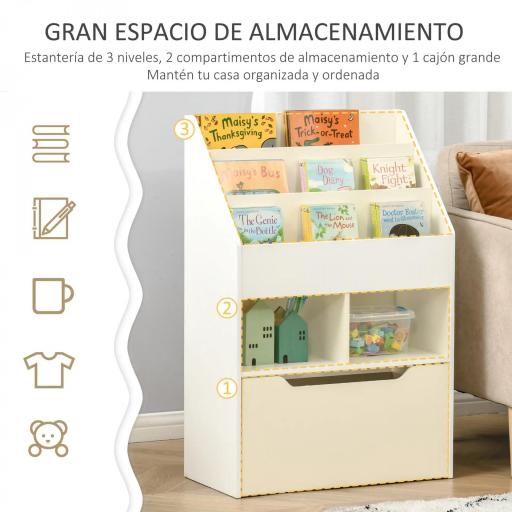 Estantería Infantil de Madera con 3 Compartimentos 2 Cubos y Cajón Móvil con 4 Ruedas 60x29,9x90 cm Blanco [9]