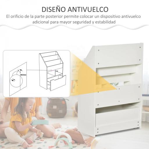 Estantería Infantil de Madera con 3 Compartimentos 2 Cubos y Cajón Móvil con 4 Ruedas 60x29,9x90 cm Blanco [6]