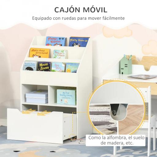 Estantería Infantil de Madera con 3 Compartimentos 2 Cubos y Cajón Móvil con 4 Ruedas 60x29,9x90 cm Blanco [8]