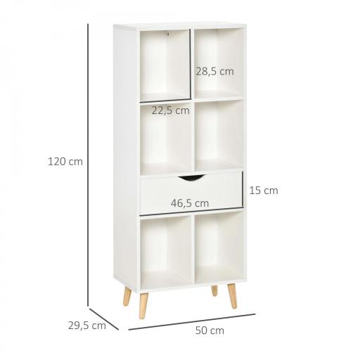 Estantería para Libros con 1 Cajón y Patas de Madera 6 Compartimentos Abiertos de Almacenaje 50x29,5x120 cm Blanco [1]