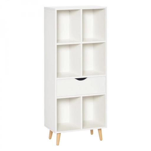 Estantería para Libros con 1 Cajón y Patas de Madera 6 Compartimentos Abiertos de Almacenaje 50x29,5x120 cm Blanco [9]