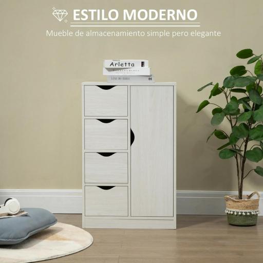 Armario de Salón con 4 Cajones 1 Puerta y Estante Interior Mueble de Almacenaje Multiusos 54x29x83 cm Blanco [2]