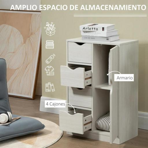 Armario de Salón con 4 Cajones 1 Puerta y Estante Interior Mueble de Almacenaje Multiusos 54x29x83 cm Blanco [5]