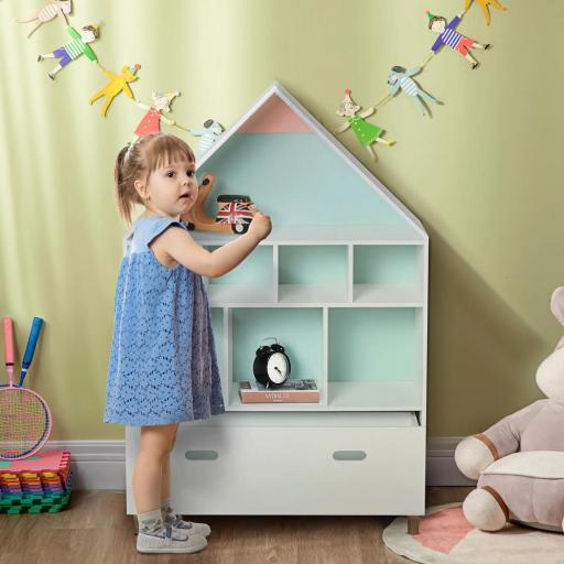 Estantería de Madera Infantil Forma de Casa Librería para Niños con 8 Compartimentos Abiertos y Cajón de 2 Colores 82x30x126 cm Blanco