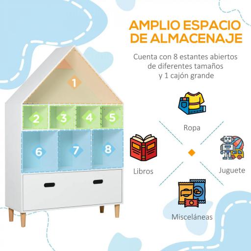 Estantería de Madera Infantil Forma de Casa Librería para Niños con 8 Compartimentos Abiertos y Cajón de 2 Colores 82x30x126 cm Blanco [3]