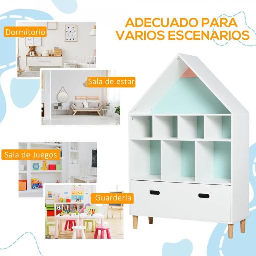 Estantería de Madera Infantil Forma de Casa Librería para Niños con 8 Compartimentos Abiertos y Cajón de 2 Colores 82x30x126 cm Blanco [2]