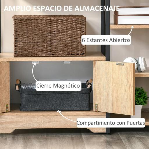 Estantería para Libros con Múltiples Estantes Abiertos y Doble Puerta Librería con Marco de Metal 80x35x97 cm Natural [3]