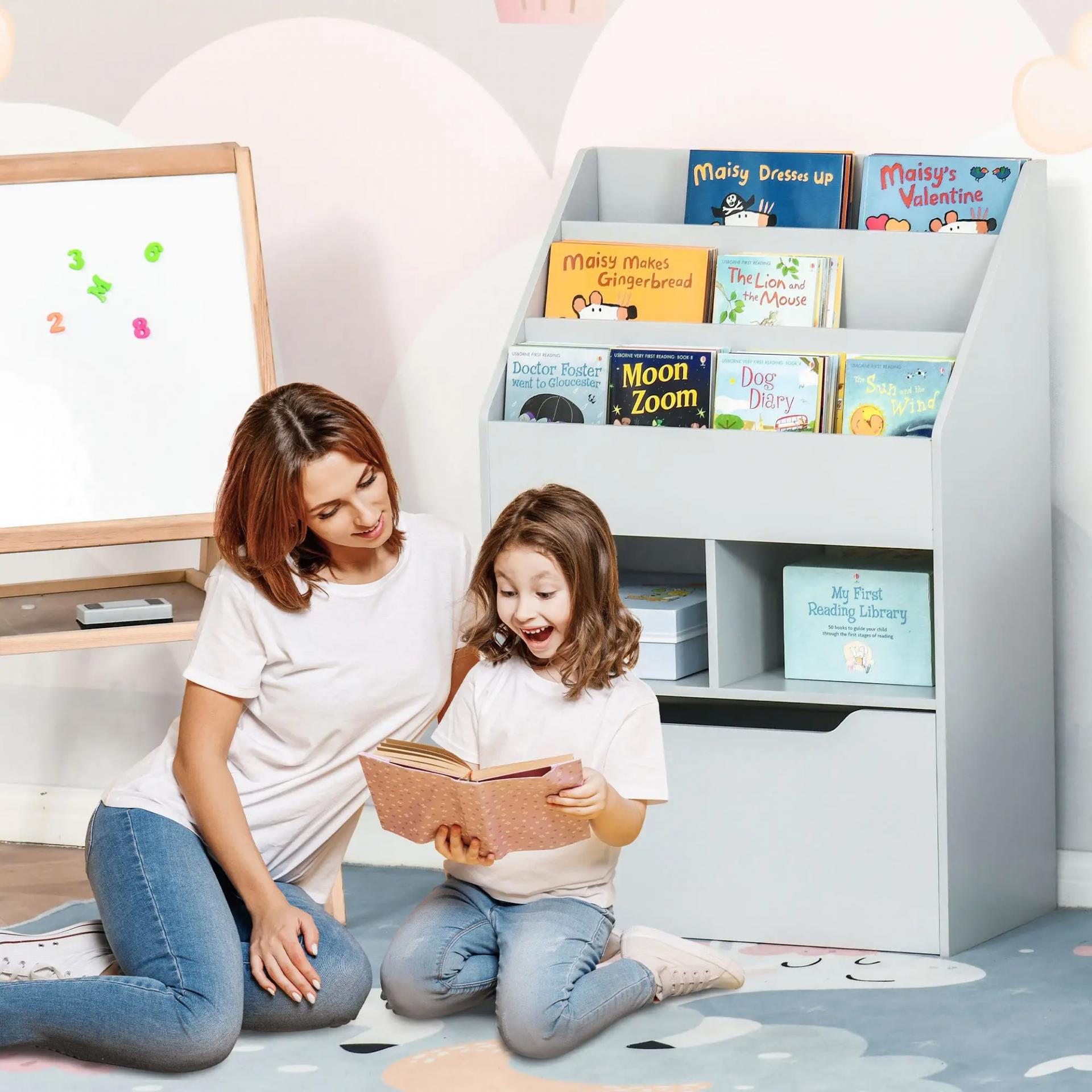 Estantería Infantil de Madera con 3 Compartimentos 2 Cubos y Cajón Móvil con 4 Ruedas 60x29,9x90 cm Gris