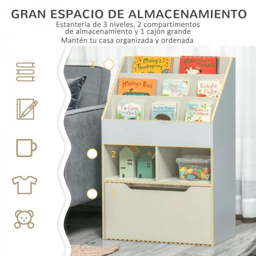 Estantería Infantil de Madera con 3 Compartimentos 2 Cubos y Cajón Móvil con 4 Ruedas 60x29,9x90 cm Gris [2]