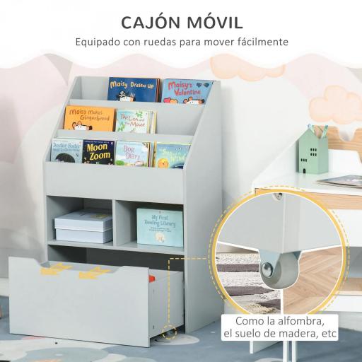 Estantería Infantil de Madera con 3 Compartimentos 2 Cubos y Cajón Móvil con 4 Ruedas 60x29,9x90 cm Gris [5]