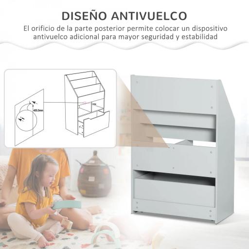 Estantería Infantil de Madera con 3 Compartimentos 2 Cubos y Cajón Móvil con 4 Ruedas 60x29,9x90 cm Gris [3]
