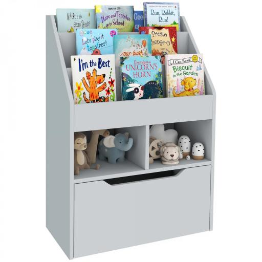 Estantería Infantil de Madera con 3 Compartimentos 2 Cubos y Cajón Móvil con 4 Ruedas 60x29,9x90 cm Gris [8]