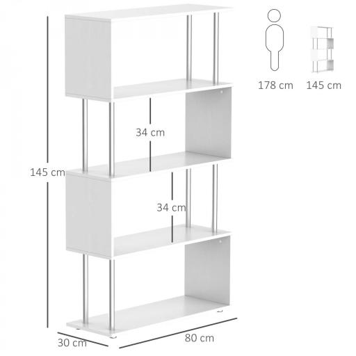 Librería en Forma S Estantería para Libros de 4 Niveles Mueble Estantería para Salón Oficina Estudio 80x30x145 cm Blanco [1]