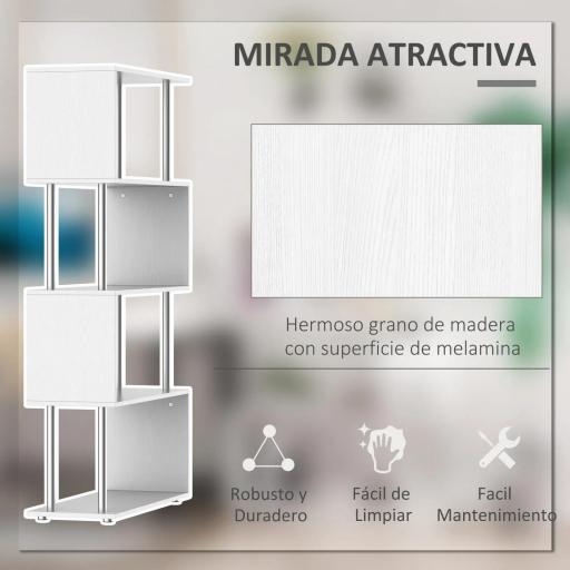Librería en Forma S Estantería para Libros de 4 Niveles Mueble Estantería para Salón Oficina Estudio 80x30x145 cm Blanco [3]