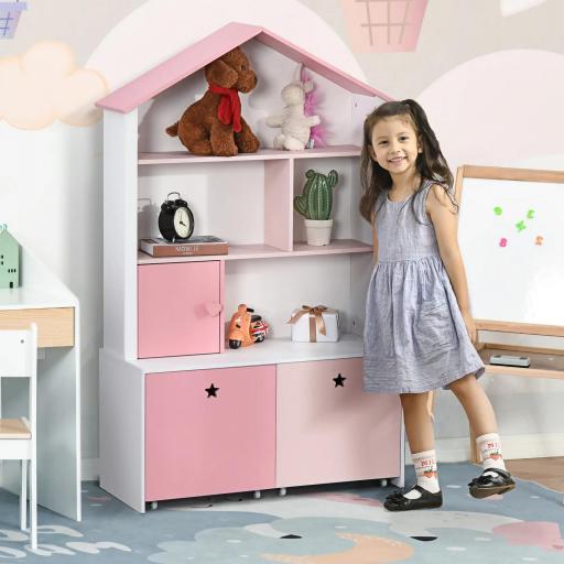 Estantería de Madera Infantil Librería para Niños con 4 Compartimentos 1 Puerta y 2 Cajones Extraíbles con Ruedas para Libros Juguetes 80x34x130 cm Rosa y Blanco