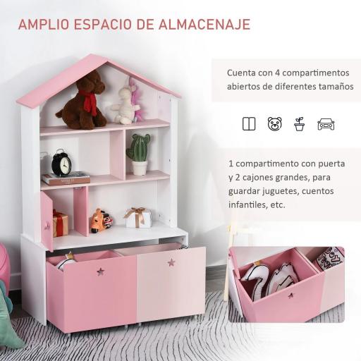 Estantería de Madera Infantil Librería para Niños con 4 Compartimentos 1 Puerta y 2 Cajones Extraíbles con Ruedas para Libros Juguetes 80x34x130 cm Rosa y Blanco [2]