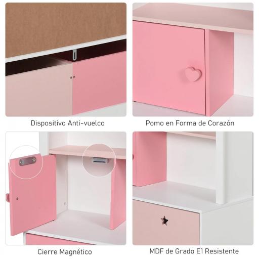 Estantería de Madera Infantil Librería para Niños con 4 Compartimentos 1 Puerta y 2 Cajones Extraíbles con Ruedas para Libros Juguetes 80x34x130 cm Rosa y Blanco [4]