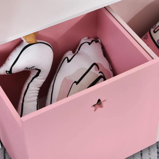 Estantería de Madera Infantil Librería para Niños con 4 Compartimentos 1 Puerta y 2 Cajones Extraíbles con Ruedas para Libros Juguetes 80x34x130 cm Rosa y Blanco [6]