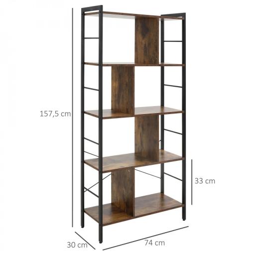 Estantería Librería de 4 Niveles con 8 Compartimentos de Almacenamiento Estilo Industrial para Sala de Estar Oficina Dormitorio 74x30x157,5 cm Marrón Rústico [1]