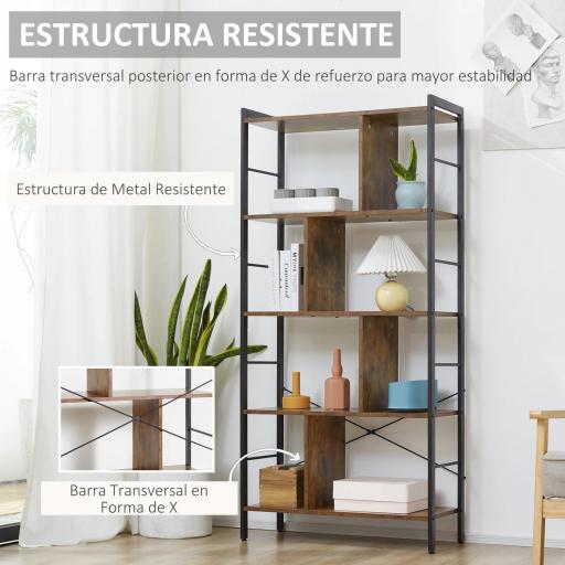 Estantería Librería de 4 Niveles con 8 Compartimentos de Almacenamiento Estilo Industrial para Sala de Estar Oficina Dormitorio 74x30x157,5 cm Marrón Rústico [3]