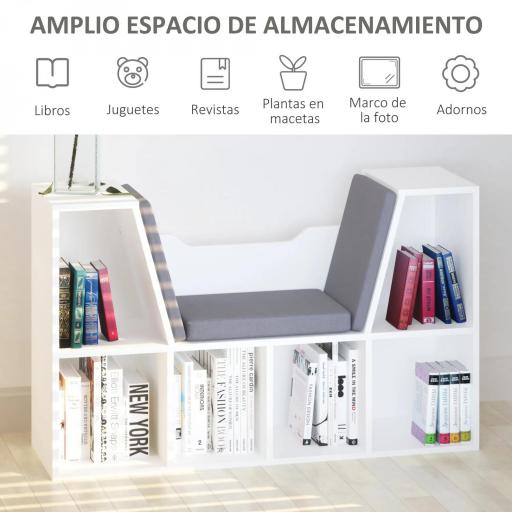 Estantería Librería con Asiento 6 Cubo Librería Original Infantil Zapatero con Cojín Estante con Banco Multiusos 102x30x61cm [2]