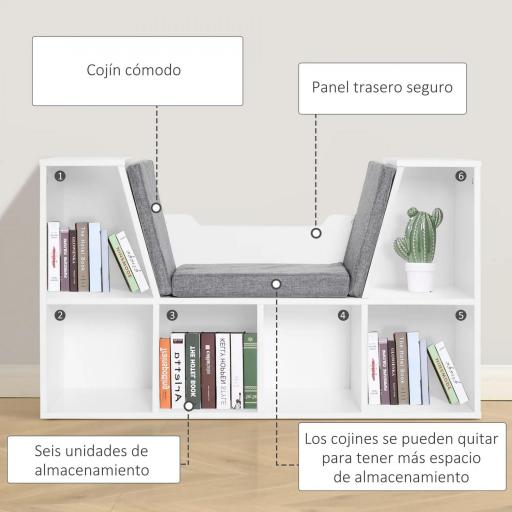 Estantería Librería con Asiento 6 Cubo Librería Original Infantil Zapatero con Cojín Estante con Banco Multiusos 102x30x61cm [3]