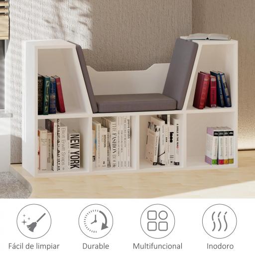 Estantería Librería con Asiento 6 Cubo Librería Original Infantil Zapatero con Cojín Estante con Banco Multiusos 102x30x61cm [4]