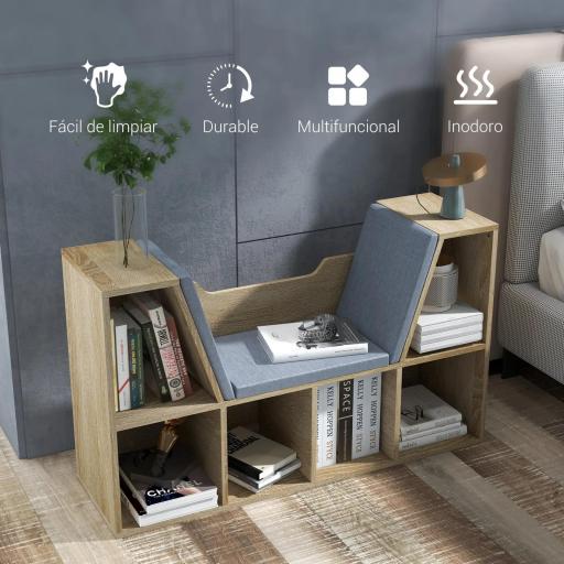 Librería con Asiento Estantería de Libros con 6 Cubos Cojín para Sala de Estar Dormitorio 102x30x61cm Roble y Gris [5]