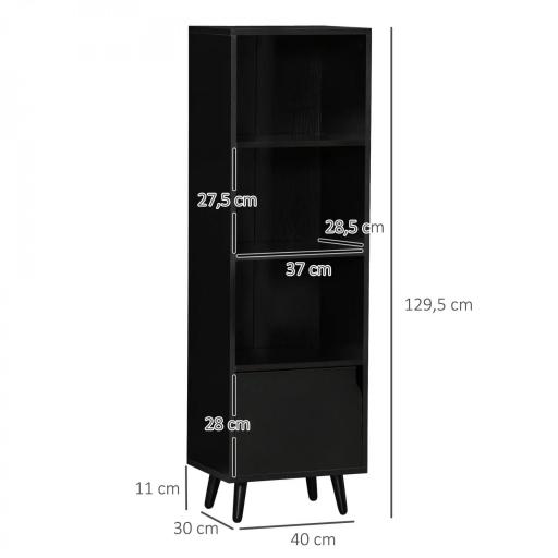Estantería para Libros con 3 Estantes Abiertos y Cajón Librería Moderno para Almacenamiento Juguetes 40x30x129,5cm Negro [1]