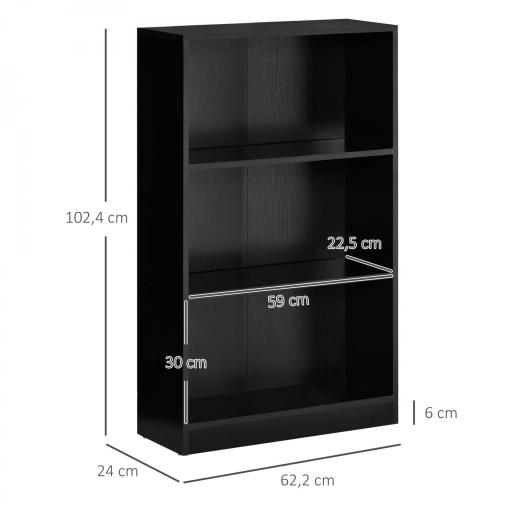 Estantería Librería con 3 Compartimentos de Almacenaje Libros CDs Plantas para Salón Estudio Dormitorio 62,2x24x102,4 cm Negro [1]