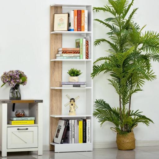 Estantería de Almacenaje con 5 Estantes Librería Multiusos para Estudio Oficina con Base Elevada Diseño Elegante 45x21x170 cm Blanco y Roble