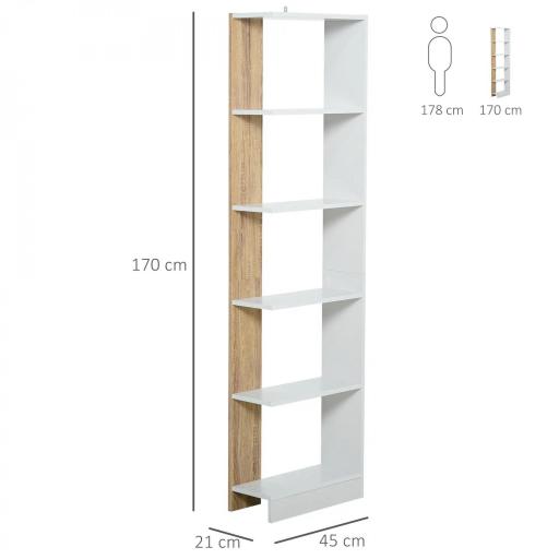 Estantería de Almacenaje con 5 Estantes Librería Multiusos para Estudio Oficina con Base Elevada Diseño Elegante 45x21x170 cm Blanco y Roble [1]