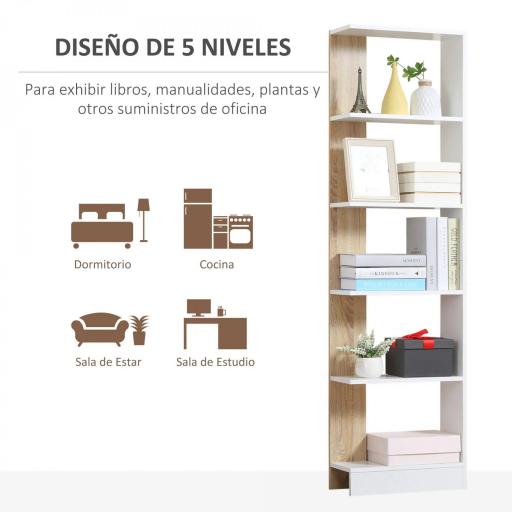 Estantería de Almacenaje con 5 Estantes Librería Multiusos para Estudio Oficina con Base Elevada Diseño Elegante 45x21x170 cm Blanco y Roble [5]
