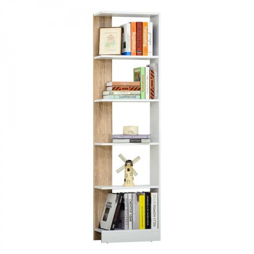 Estantería de Almacenaje con 5 Estantes Librería Multiusos para Estudio Oficina con Base Elevada Diseño Elegante 45x21x170 cm Blanco y Roble [8]