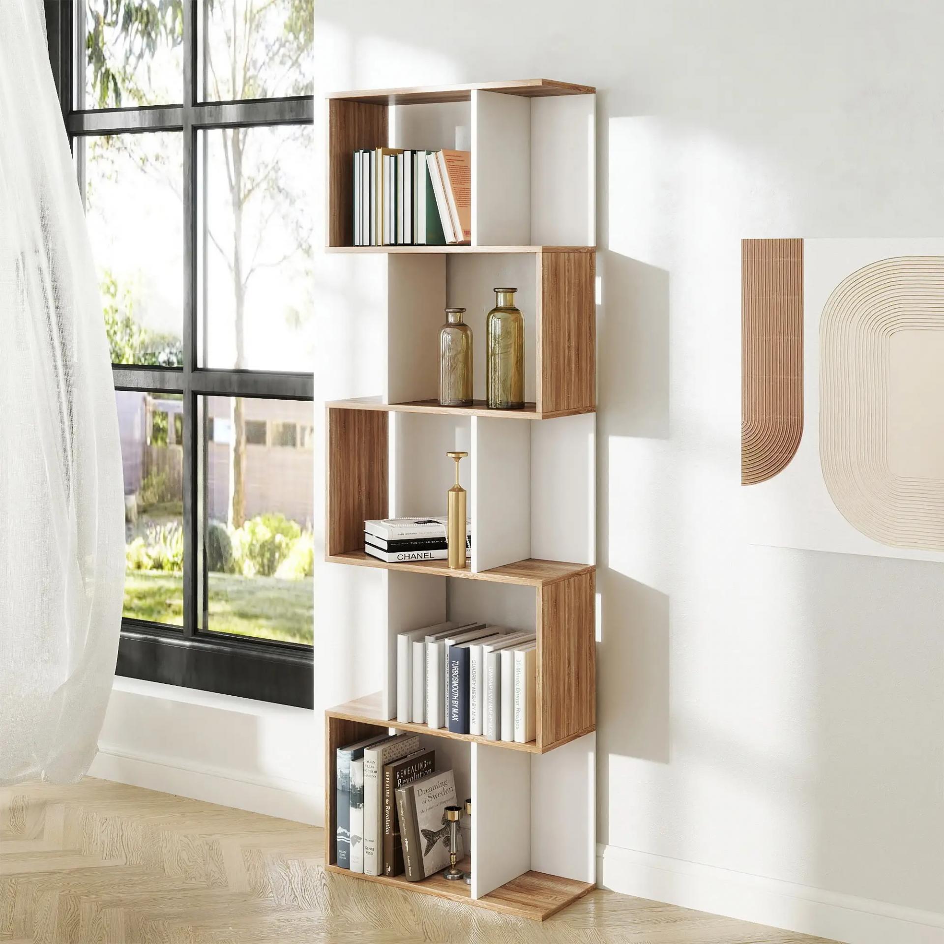 Estantería en Forma de S Alta con 5 Estantes Diseño Moderno para Salón Oficina 60x24x184,5cm Blanco y Madera