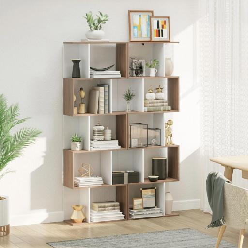 Estantería en Forma de S Alta con 5 Estantes Diseño Moderno para Salón Oficina 60x24x184,5cm Blanco y Madera [5]