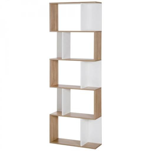 Estantería en Forma de S Alta con 5 Estantes Diseño Moderno para Salón Oficina 60x24x184,5cm Blanco y Madera [8]
